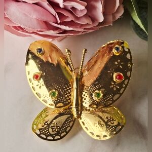 Vintage 80s Gold Jewelled Butterfly Brooch